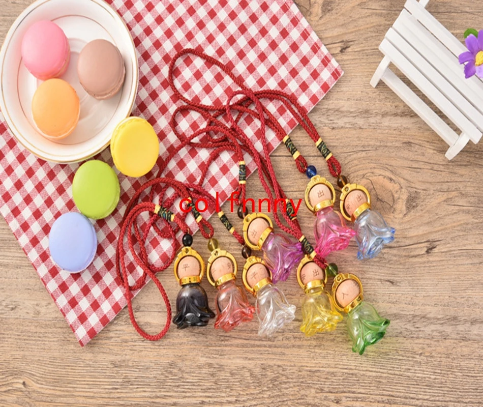 300Pcs/lot Glass Rose Perfume Essential oil Empty Bottles Multicolor Flowers Glass Jar Car perfume Bottles pendant 8ml