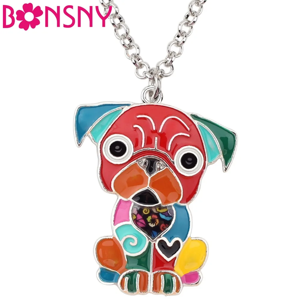 Bonsny Metal Enamel Cute Sitting French Bulldog Pug Dog Necklace Choker Chain Collar Pendant Animal Jewelry For Women Girls Lady