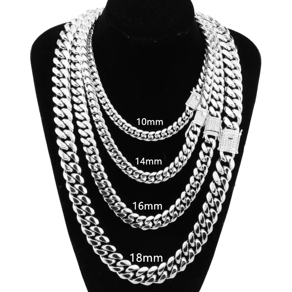 8-18MM Stainless Steel Miami Cuban Curb Chain White Rhinestone Clasp Mens Womens Silver Color Necklace Or Bracelet Jewelry7-40''