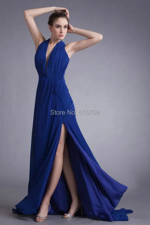 Eenvoudige Blauw Een Lijn Avondjurken Sexy Diepe V-hals Backless Sweep Trein Chiffon Formele Lange Prom Dresses Party Jurken 2015