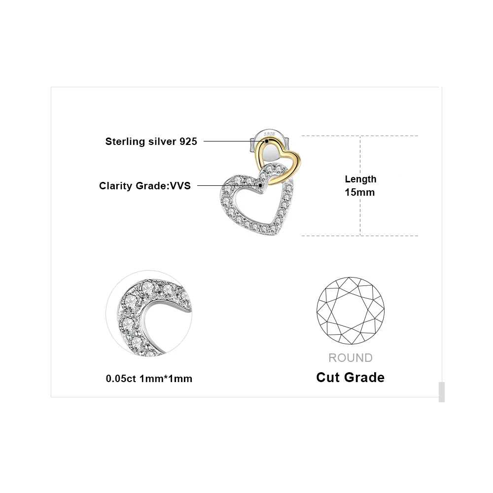 JewelryPalace Love Heart Gold 925 Sterling Silver Stud Earrings for Women Fashion Cubic Zirconia Simulated Diamond Earrings