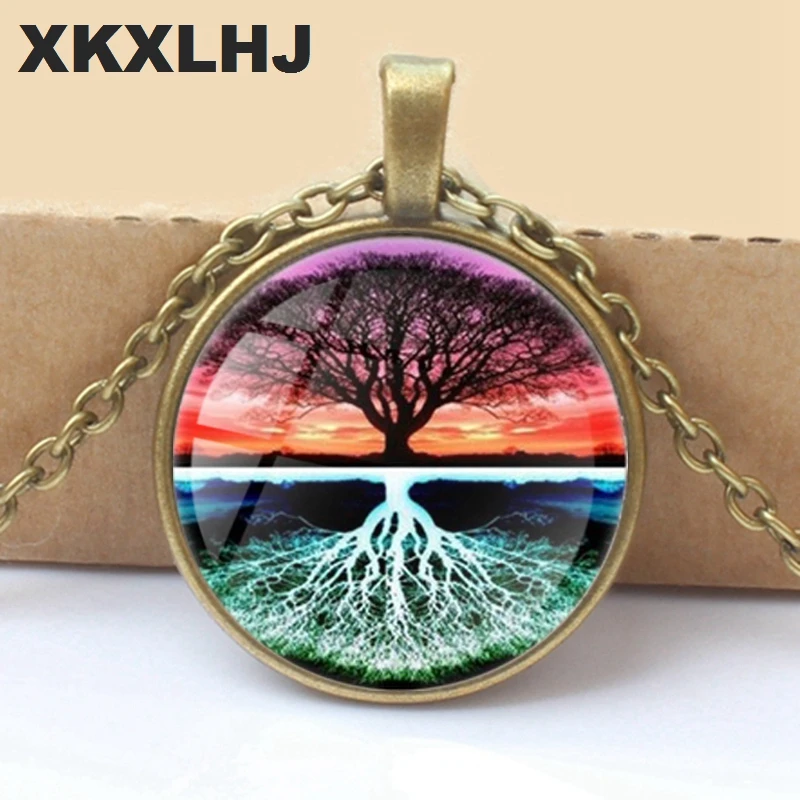 XKXLHJ 2018 New Life Tree Art Photo Tibet Bullion Glass Pendant Chain Necklace Jewelry
