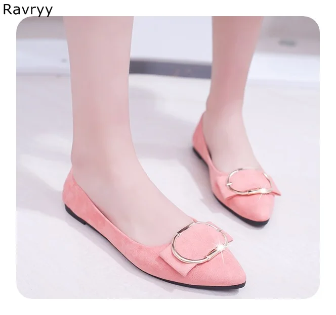 

Woman flat shoes 2018 hot sale pink suede leather Pointed Toe female dress shoes buckle decor slip-on elegant party single shoes