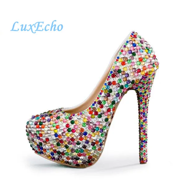 Muilti color rhinestone party shoes woman high heel round toe bridal shoes women\'s plus size Pumps size 34-43