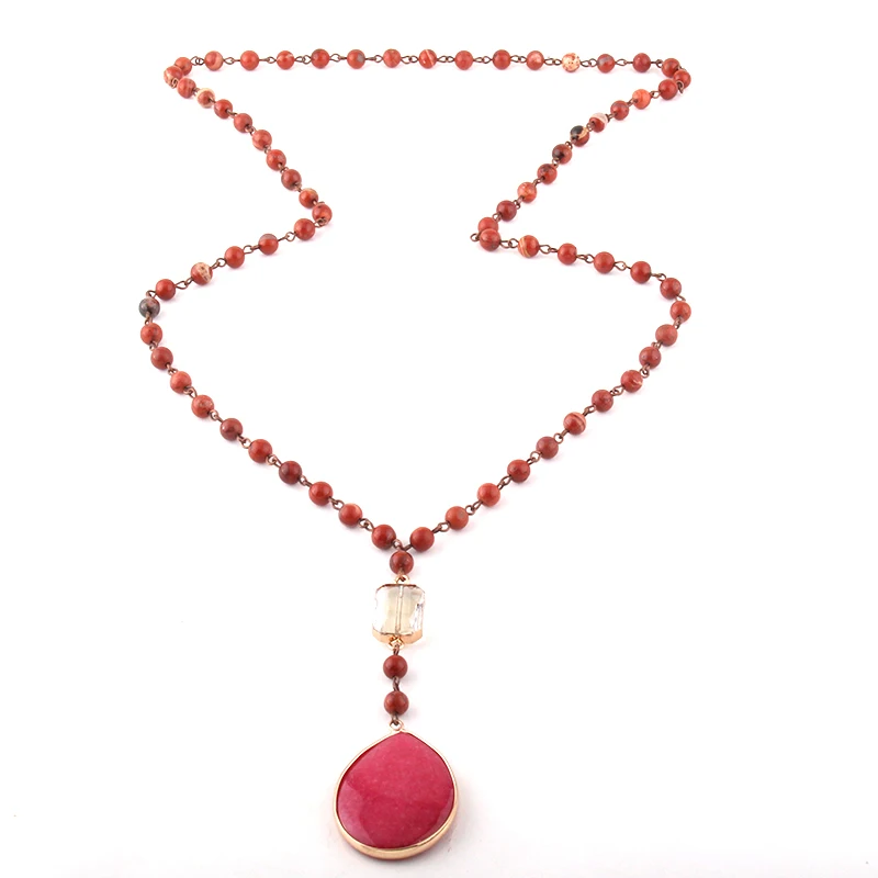 Fashion Bohemian Jewelry 6mm Stones Rosary Chain Crystal Link Stone Drop Pendant Necklaces For Women Ethnic Necklace