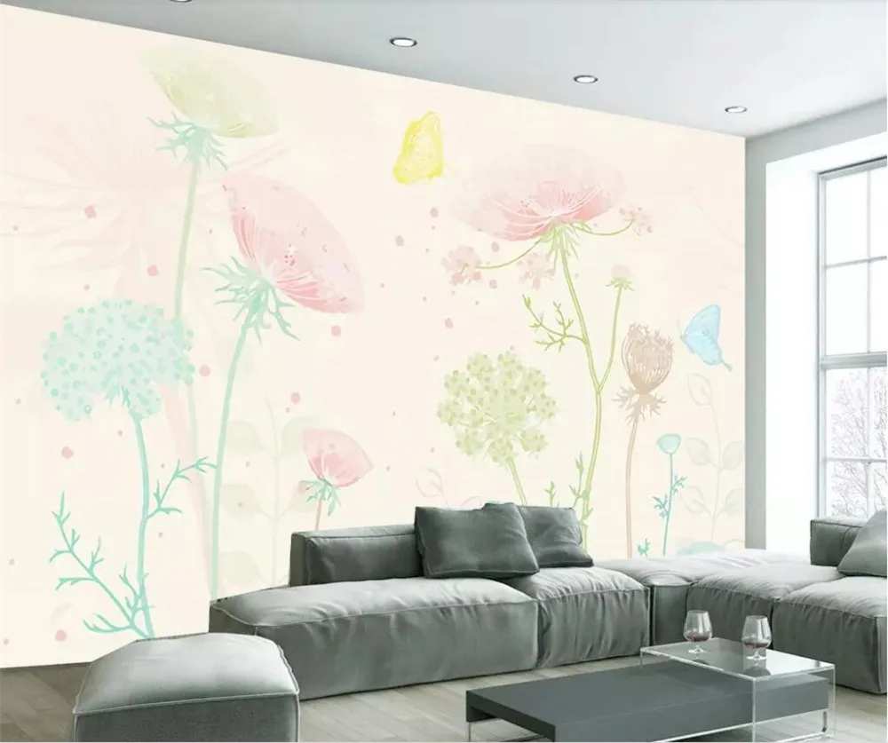 

beibehang Custom wallpaper 3d hand-painted fresh flowers butterfly pastoral living room TV background wall paper 3d papel parede