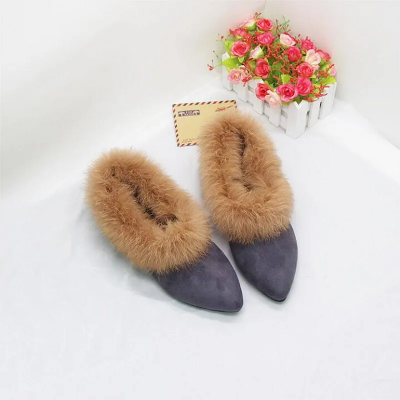 2020 Autumn And Winter Flat-bottomed Pointed Rabbit Fur Shoes Plus Velvet Warm Cotton Shoes Small Size 31-32-33 Large Size 41-43