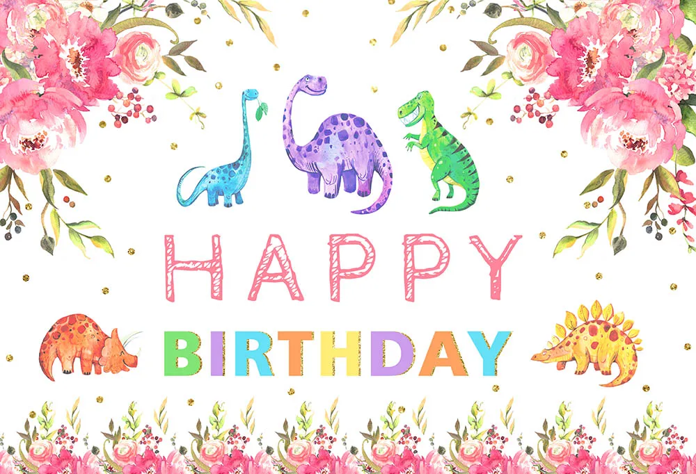 Watercolor Dinosaur Backdrop for Photography Pink Flower Happy Birthday Photo Background for Children Glitter Wave Point