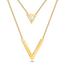 VQYSKO Gold-Color Double V Shape Necklace For Women Geometric Triange Cubic Zirconia Pendant & Necklace Trendy Collier