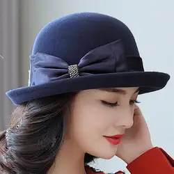 Mother Gift Lady Top Grade Banquet Formal Hats Women Winter Pure Wool Felt Bowknow Fedora Hat