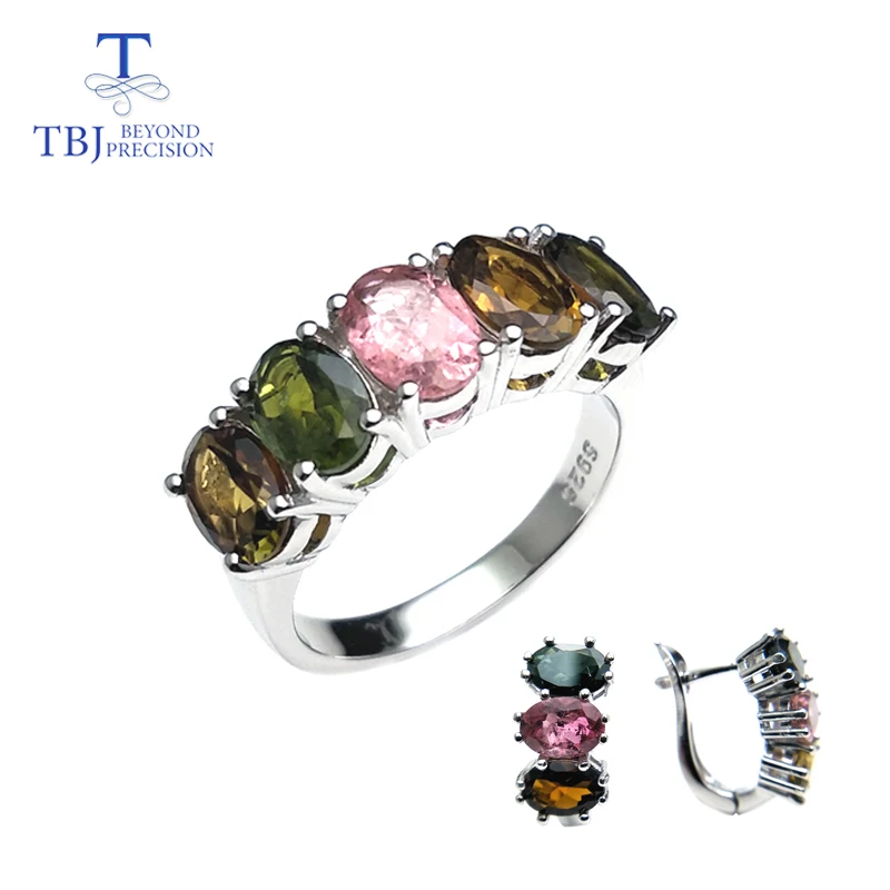 TBJ,natural fancy color tourmaline clasp rings and earrings set simple design gemstone 925 silver for girls with gift  box