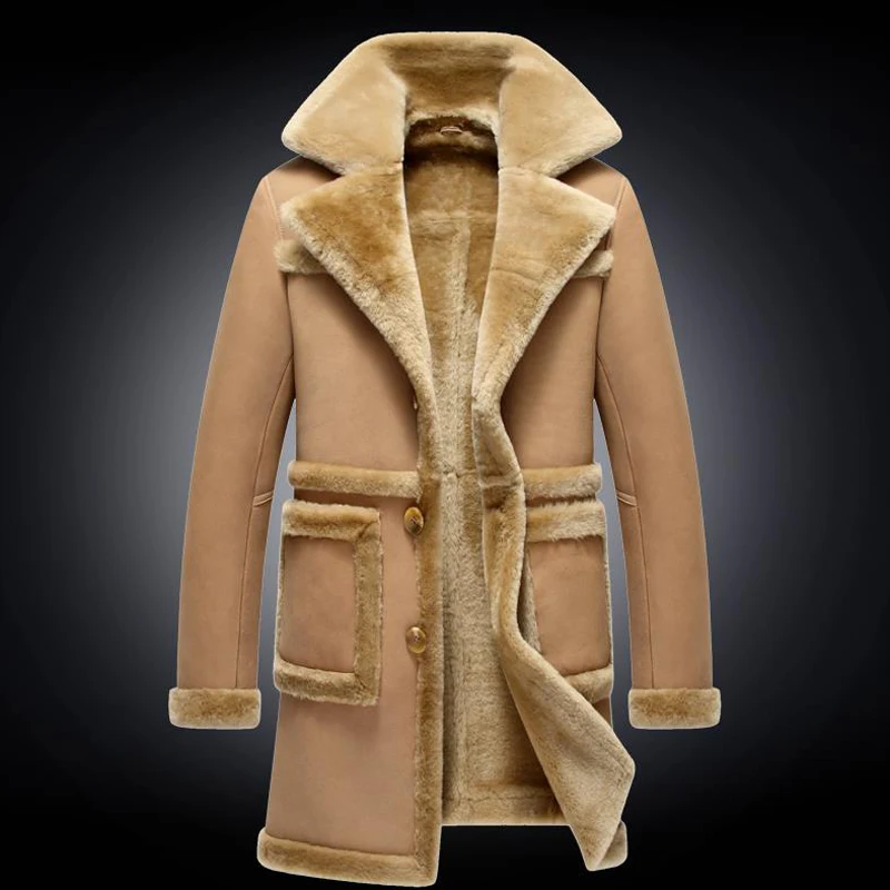 

Luxury X-Long Military Style Men's Sheepskin Shearling Coat Men's Fur Parka Camel And Black Color