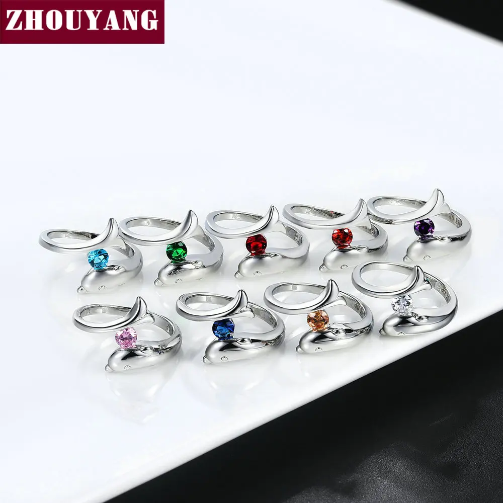 ZHOUYANG Birthstone Rings for Women Lucky Guardian Multicolor Cubic Zircon 3D Dolphins Silver Color Fashion Jewelry R789 R796