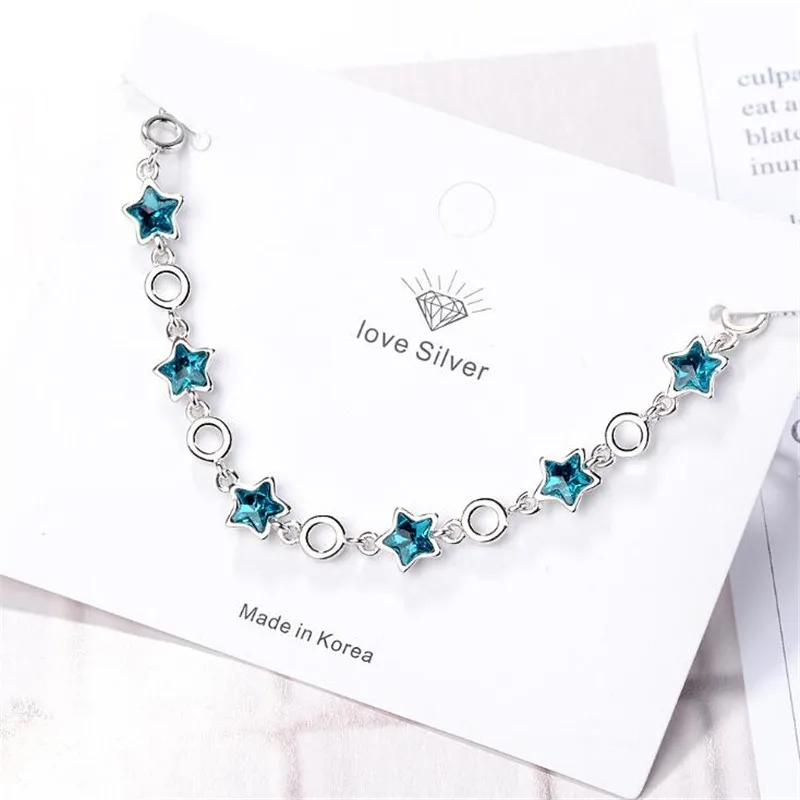 New Arrival Fashion Atmosphere Flash 925 Sterling Silver Jewelry Blue Five-pointed Star Crystal Sweet Bracelets SL025