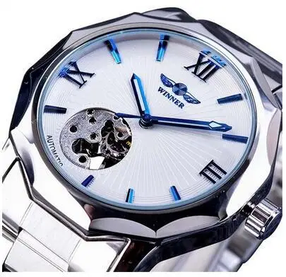 Winner Blue Ocean Geometry Design Transparent Skeleton Dial Men Watch Brand Luxury Automatic Fashion Full Steel Mechanical Clock