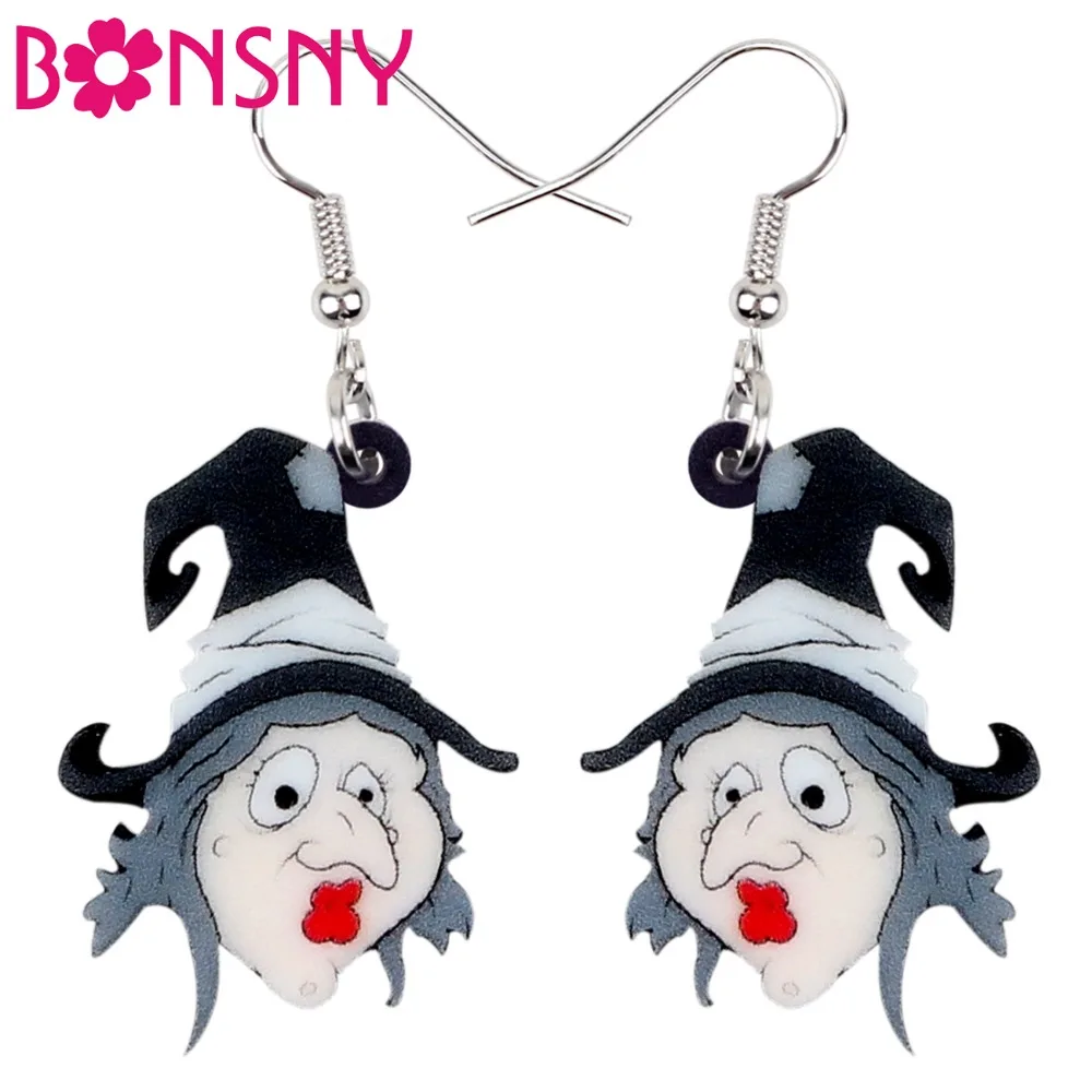 Bonsny Acrylic Halloween Novelty Old Witch Earrings Drop Dangle Cartoon Festival Jewelry For Women Girls Grandmother Gift Charms