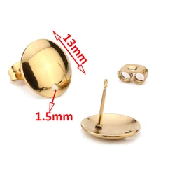 Gold Tone 13mm Stainless Steel Round Circle Stud Earring Post with Hole s Connector Findings for Dangle Making