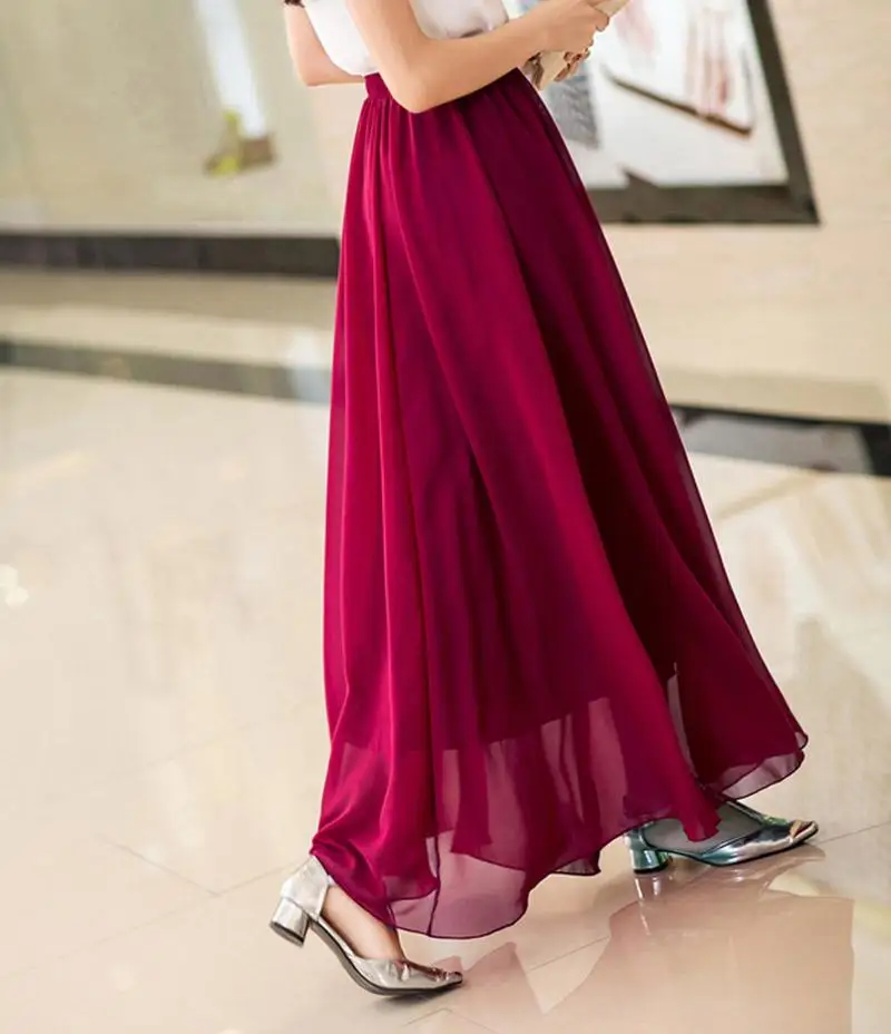 Women\'s Elegant High Waist Chiffon Skirt Elastic Waist Casual Long Maxi Skirts Saias 80/90/100cm 22 Color 2024 Summer Autumn New