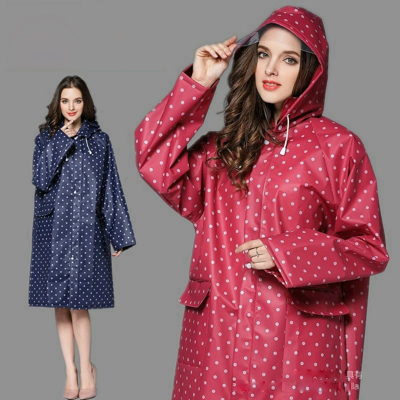 New Fashion Personality  Dot Long EVA Waterproof  Rainwear With Hood  Adults Outdoor Travel Women Bicycle Raincoat  Rain Jacket