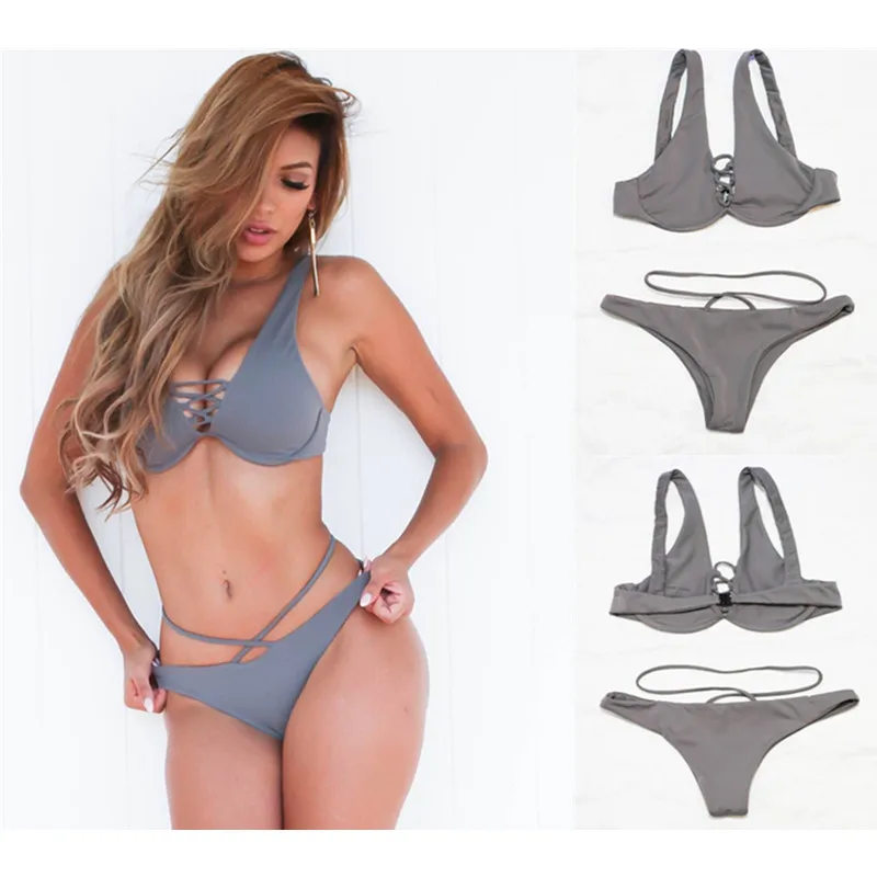 

Sexy Cross Bandage Bikini Set Underwire Push Up Bikinis 2018 Swimwear Women Thong Swimsuit Brazilian Biquini Femme Bathing Suit