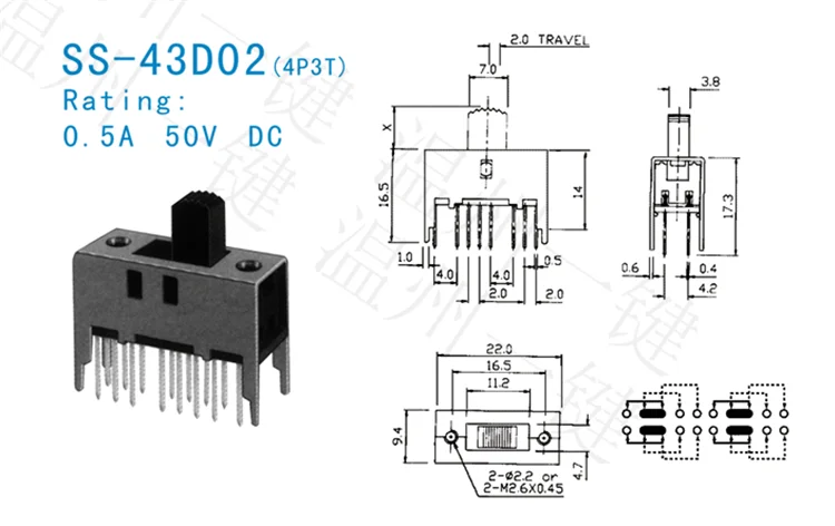 SS-43D02 4P3T Four pole three throw 3 position slide switch 16 pin DIP type with 4 fixed pin handle heights can be customized