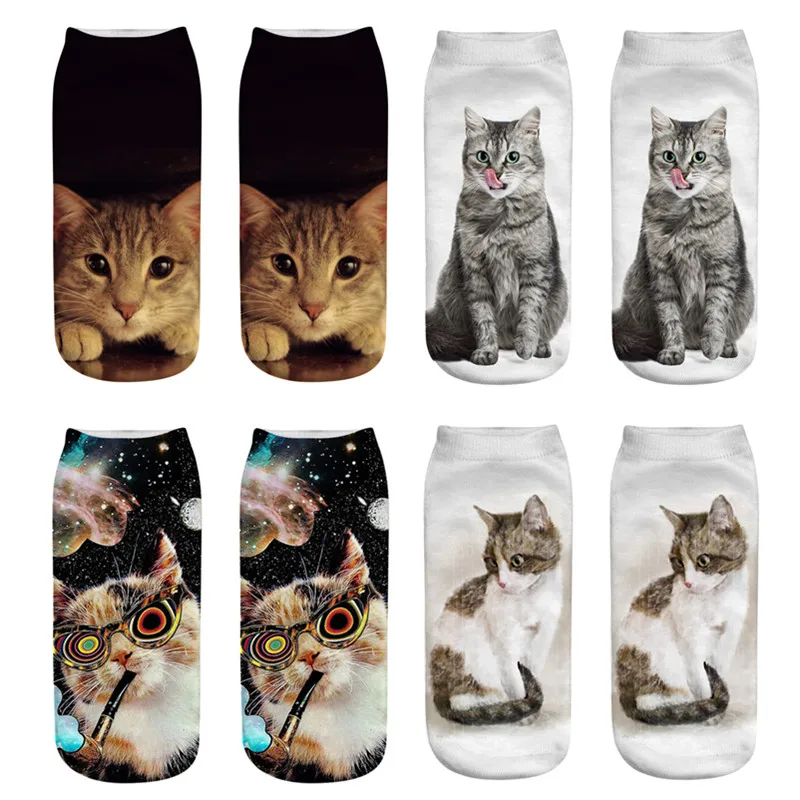 

2024 New 3D Printing Women Socks Quality Brand Sock Fashion Female Short Socks Creative Design Cartoon Cat Funny Art Socks Hot