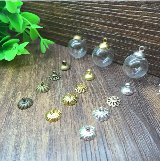 20sets/lot 16mm*4mm empty charms glass globe bubble with 3 colors beads cap set DIY Glass vial necklace pendant glass bottle