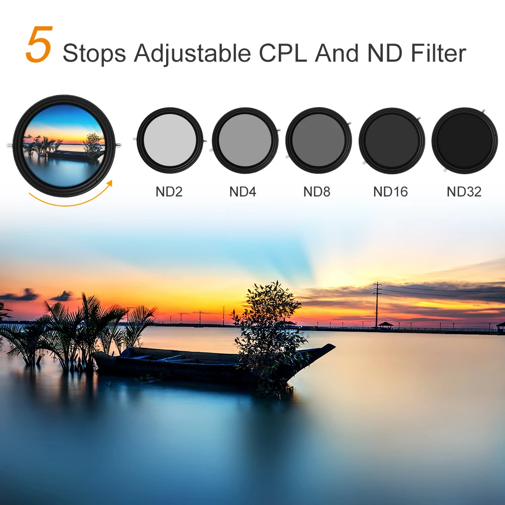 K&F Concept 2in1 Variable ND+CPL Filter 49-95mm Neutral Density+Circular Polarizing Camera Lens Filter 28 Multi-Layer Coatings