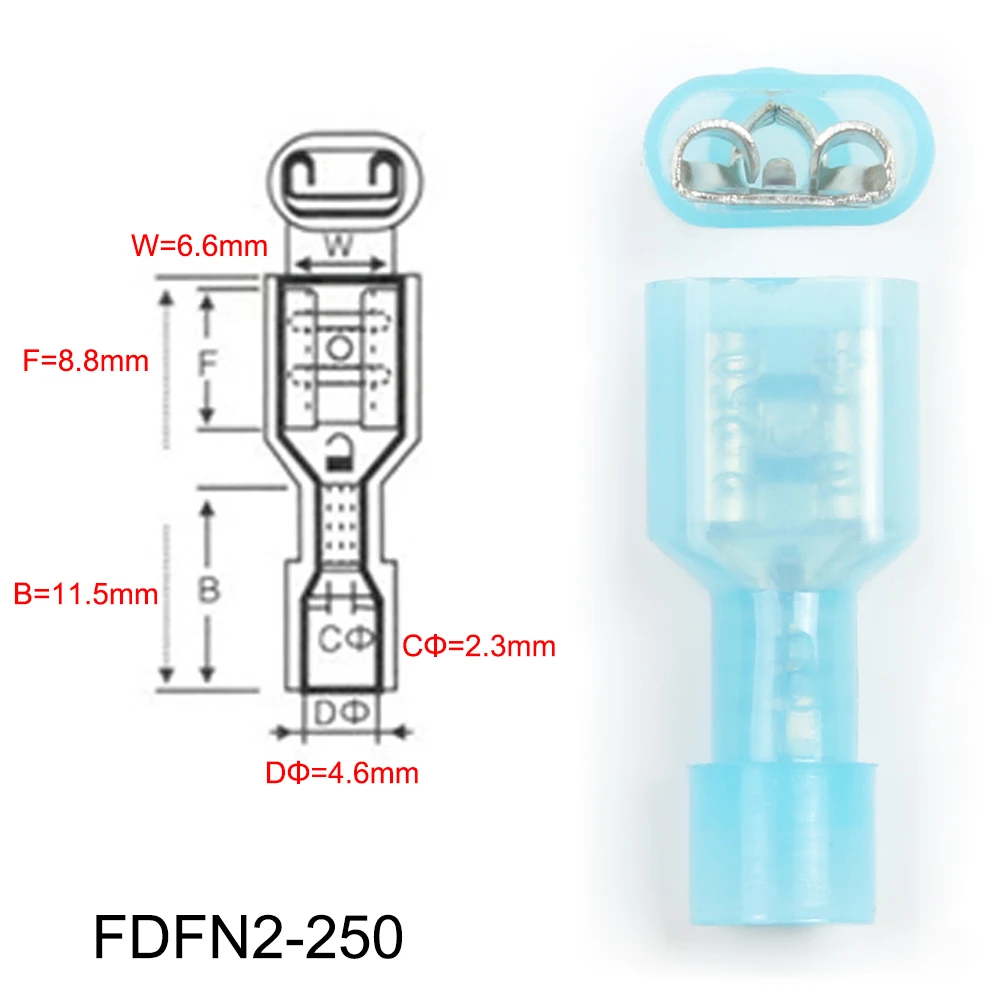 DIANQI FDFN2-250 NYLON brass Female Insulated Spade joint Cable Wire Connector 100PCS suit 1.5-2.5mm2 16-14AWG FDFN