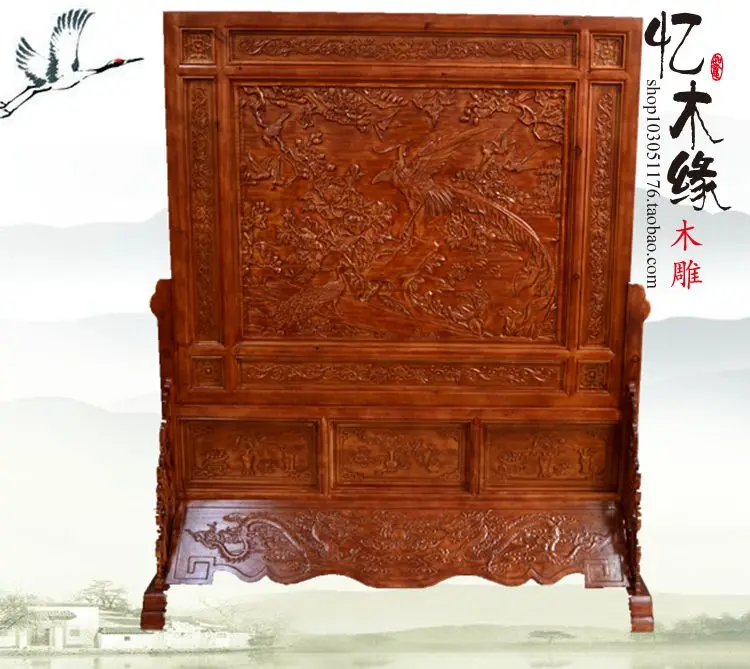 

Dongyang wood carving antique wood floor screen camphor wood seat screen Chinese decoration plaque Phoenix peony special offer