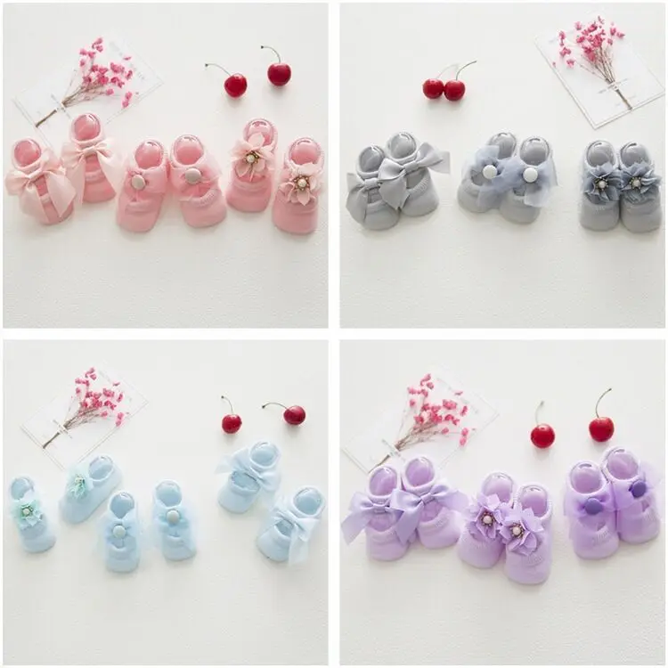 

3Pcs Lace Bow Baby Pure Cotton Hollow Out Reverent Boat Socks Children Candy Color Floor