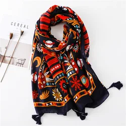 Outono inverno fashion étnico floral tassel viscose cachecol de xale de mulheres indianas estampado quente hijab e envoltório muçulmano sjaal