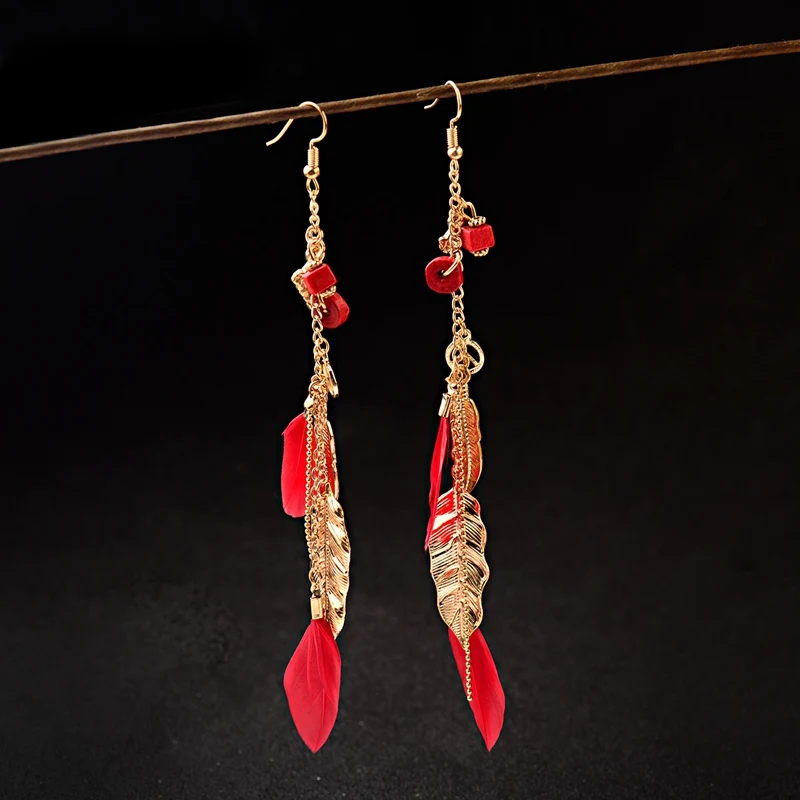 Bohemian Gold Color Long Alloy Tassel Earrings Women Kolczyki Vintage Wood Beads Feather Statement Earrings Fashion Jewelry 2019
