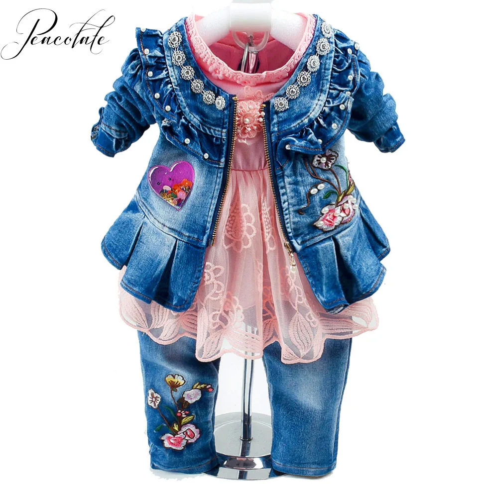 Spring Autumn Infant Baby Girl Denim Clothing Sets 3 pcs Long Sleeve T Shirt Dress Tops Denim Jacket and Jeans Trousers Pants