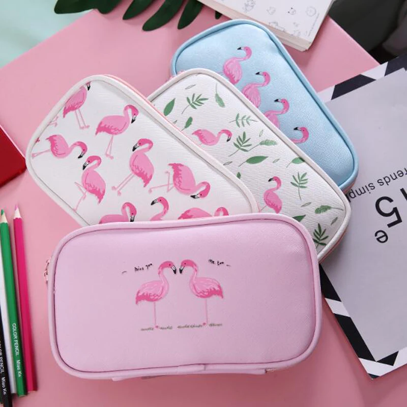 Cute Cartoon Flamingo Student Large Capacity PU Pencil Bag Multi-Function Zipper Stationery Box Child Storage Case