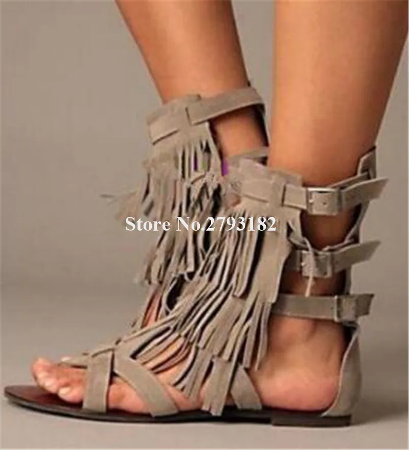 

Summer New Fashion Open Toe Suede Leather Tassels Flat Gladiator Sandals Fringes Buckles Casual Sandals Bohemia Shoes