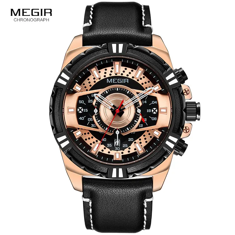 MEGIR Men\'s Quartz Watches 2019 New Luxury Top Brand Chronograph Military Sport Leather Wristwatch Man Relogios Clock 2118 Rose