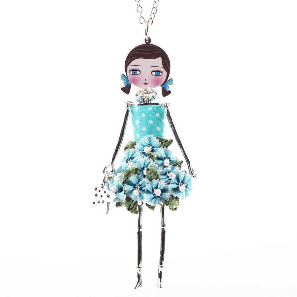 Bonsny French Doll Necklace Dress 2015 New Long Chain Doll Pendant Acrylic Alloy Star Girl Women Flower Fashion Jewelry Cute