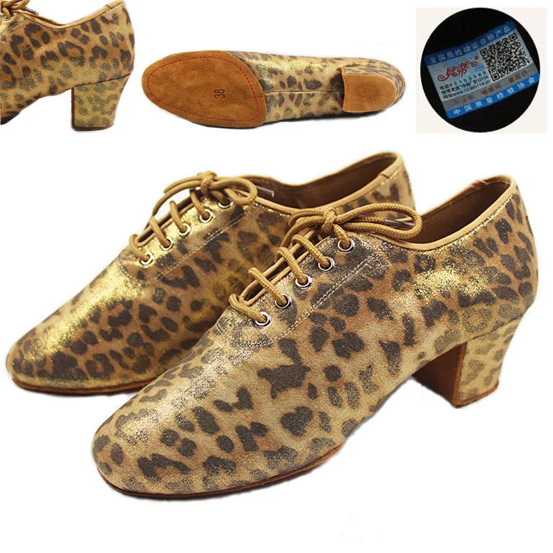 Leopard Latin Dance Shoes Sneakers WOMEN SHOES Jazz Modern Shoe Non-slip Soft Sole Vamp Heel 5 cm Slip-UP BD T1-B Ballroom SATIN