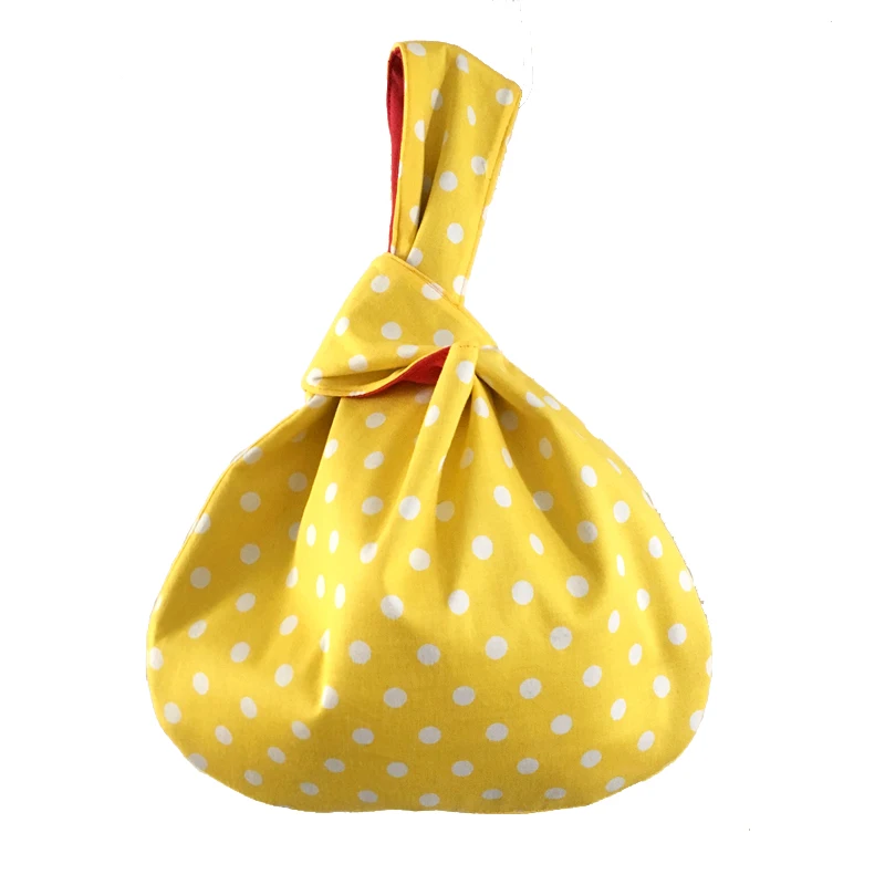 

New Original Handmade Yellow Wave Point Hands Bags For Women Japanese Style Knot Wrist Bag Vintage Small Tote Bag Dual-use