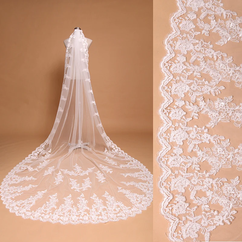 

Ivory White 2016 new Bridal wedding veil exported to Europe 3.5 meters long customized lace Bridal Veils Wedding Accessories