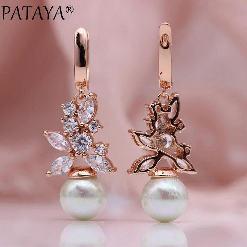 PATAYA New Shell Pearls Long Dangle Earrings Women Fashion White Round Natural Zircon 585 Rose Gold Color Wedding Party Jewelry