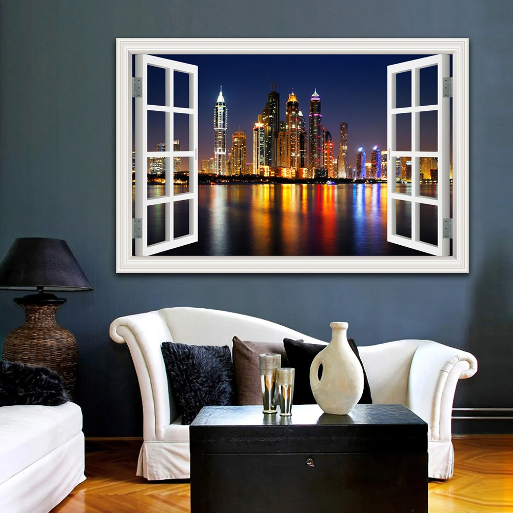 3D Window View Wall Sticker, Night City Landscape Decal, Vinyl Wallpaper Peel and Stick, Home Decor, Living Room