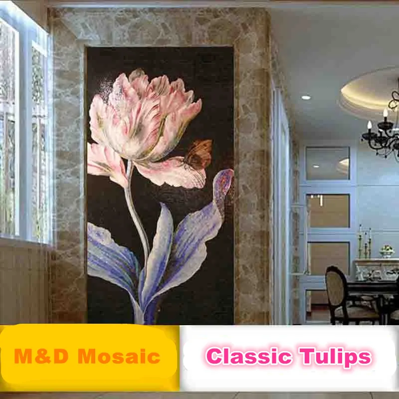 

Custom Made Mural Mosaic Wall Tulip Floral Glass Mosaic Tile for Bathroom Shower Stair Porch Kitchen wall sticker