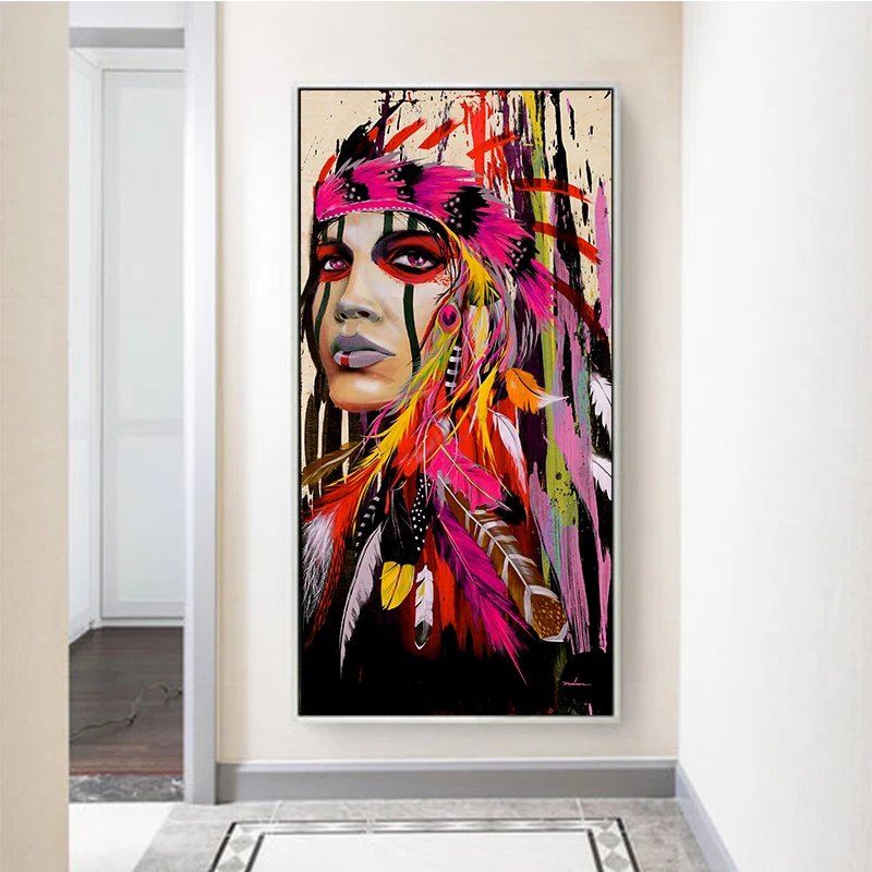 

Colorful Tatoo Women Graffiti Street Wall Art Abstract Modern African Feather Girl Portrait Canvas Oil Painting For Living room