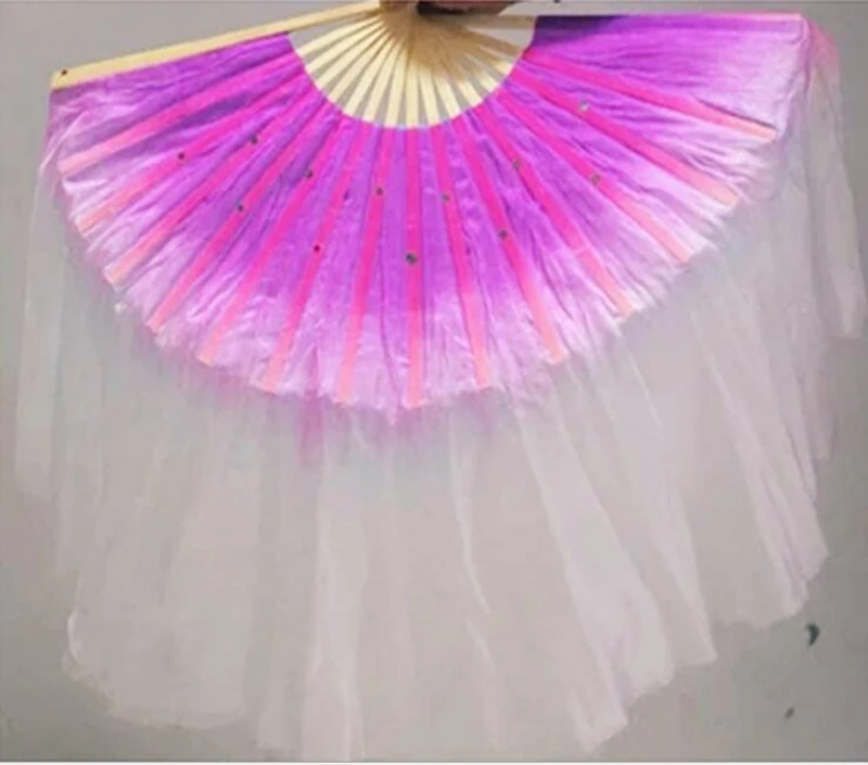 New 2-sides different color Traditional Oriental Dance Silk Fan Veils Nice Gradient Danceing Props 100% real silk Fans