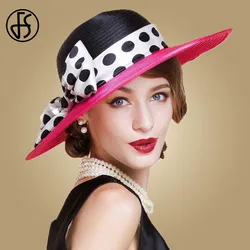 FS Elegant Women Wide Brim Rose Black Patchwork Polka Dots Kentucky Hat For Wedding Party Hat Big Bowknot Fedora Beach Cap