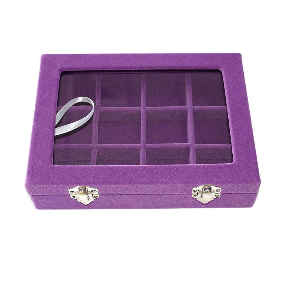 12 Grid Velvet Glass Jewelry Ring Display Organiser Box Tray Holder Earrings Storage Case Multi Colors Choose