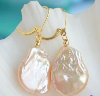 Free shipping pink coin baroque keshi reborn pearl dangle earring