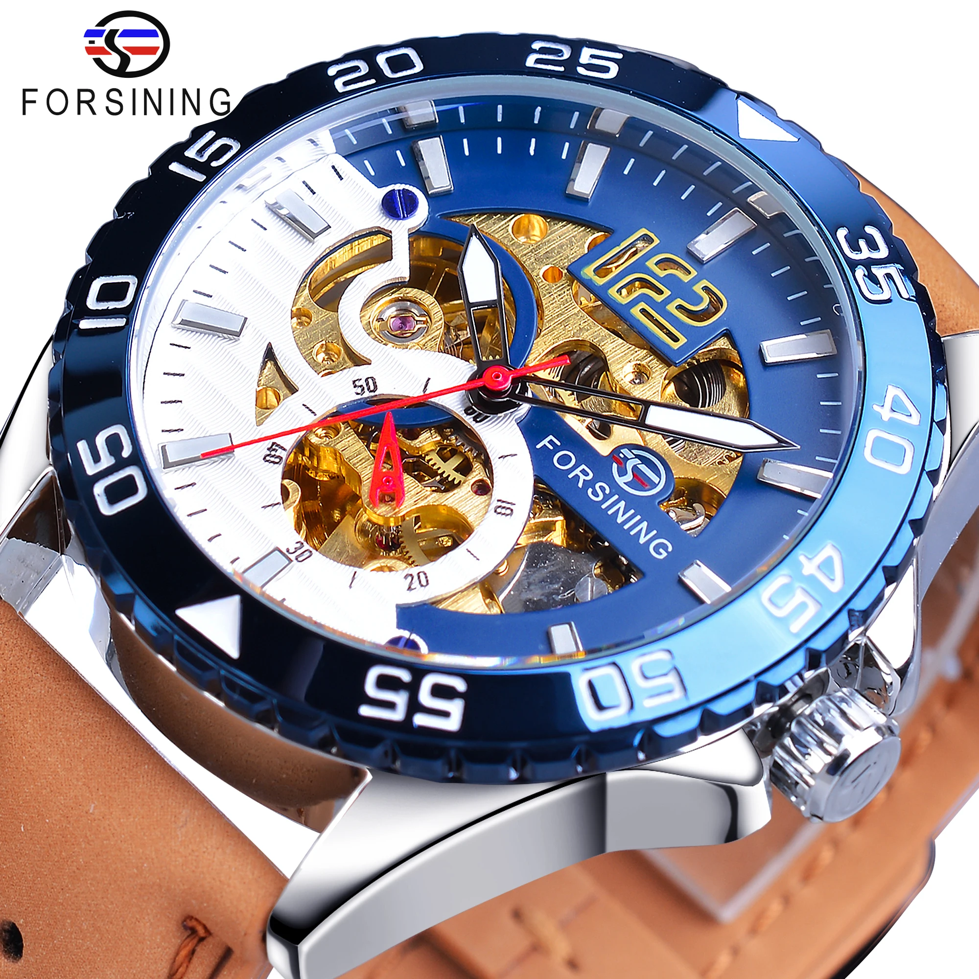 

Forsining Unique Mens Watch Automatic Creative Half Blue White Hollow Dial Genuine Leather Mechanical Clock Fashion Relojes 2019